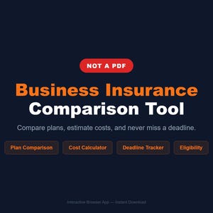 以下が含まれることがあります： オレンジと白で「Business Insurance Comparison Tool」というテキストが入ったデジタルグラフィック。画像には「Compare plans, estimate costs, and never miss a deadline」と「NOT A PDF」というフレーズが含まれています。