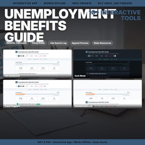 May include: An interactive Unemployment Benefits Guide digital application featuring a dashboard with progress tracking, dark mode, and detailed sections. The interface includes tools like a benefits calculator, filing guide, job search log, appeal process, and state resources.