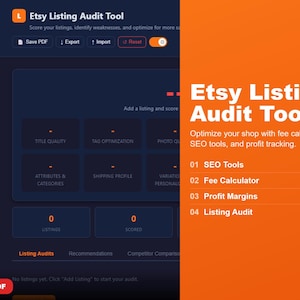 May include: A digital interface for an Etsy listing audit tool. The screen displays options for title quality, tag optimization, and attributes. The tool helps optimize shops with SEO tools and profit tracking. The text "Etsy Listing Audit Tool" is displayed in white.