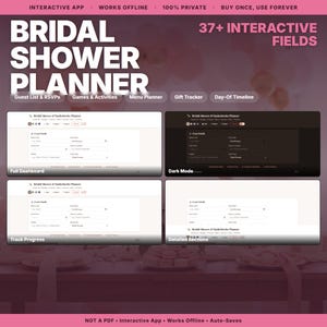 Könnte beinhalten: Eine digitale Brautparty-Planer-App mit über 37 interaktiven Feldern, Gästeliste, RSVP, Menü, Geschenk-Tracker und Zeitplan-Tools. Die Benutzeroberfläche zeigt ein vollständiges Dashboard, einen Dunkelmodus, Fortschrittsverfolgung und Details.