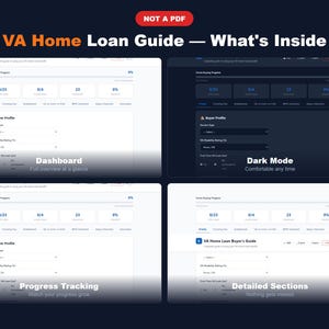 Peut inclure: Un guide numérique intitulé "VA Home Loan Guide - What's Inside" avec un fond bleu foncé. Le guide présente des fonctionnalités telles qu'un tableau de bord, un mode sombre, le suivi de la progression et des sections détaillées. Le guide est conçu pour aider les utilisateurs à comprendre le processus de prêt immobilier VA.