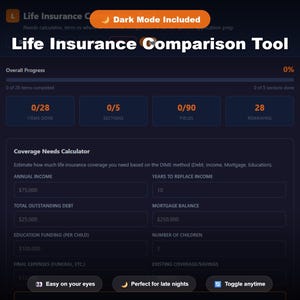 May include: A dark blue interface for a life insurance comparison tool. The text "Life Insurance Comparison Tool" is displayed prominently. The interface includes sections for progress, coverage needs calculation, and options like "Dark Mode Included."