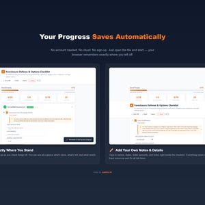 以下が含まれることがあります： 「Your Progress Saves Automatically」というテキストが表示されたデジタルインターフェース。インターフェースには、進捗バーとオプションを備えたチェックリストが表示されます。「See Exactly Where You Stand」と「Add Your Own Notes & Details」というテキストも表示されます。