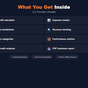 以下が含まれることがあります： 「What You Get Inside」と「LLC Formation Checklist」のテキストが入った濃い青色のグラフィック。利益計算機、経費トラッカー、PDFビジネスレポートなどの機能が画像に表示されています。「Instant Download」、「No Account Needed」、「Works Offline Forever」の文字も表示されています。