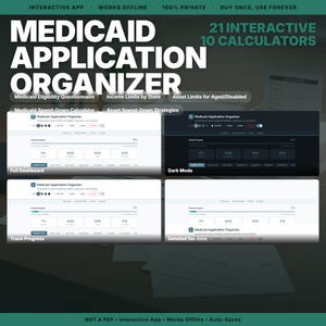 Op de afbeelding: Een digitale Medicaid-applicatie-organizer-app met 21 interactieve tools en 10 rekenmachines. De interface toont een dashboard met voortgangsregistratie, vragenlijsten voor geschiktheid, inkomens- en vermogensgrenzen en een donkere modus.