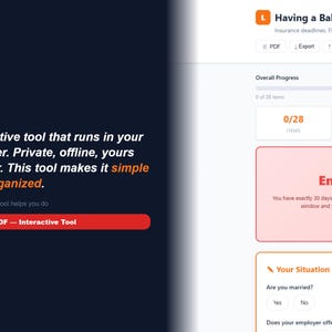 May include: Screenshot of a digital tool interface with the title "Having a Baby - Legal". The interface includes progress indicators, a section to "Enter baby", and options for "Yes" or "No" regarding marital status and FMLA leave.