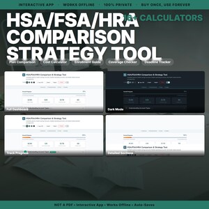 Może przedstawiać: Interaktywne narzędzie do porównywania i strategii HSA/FSA/HRA zawierające ponad 16 kalkulatorów, porównanie planów, kalkulator kosztów, przewodnik rejestracji, sprawdzanie zasięgu i śledzenie terminów z interfejsem w trybie jasnym i ciemnym.