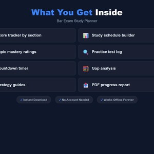 May include: A dark blue graphic with the text "What You Get Inside" and "Bar Exam Study Planner." The image lists features like score trackers, study schedules, and practice test logs. It also mentions instant download and offline functionality.