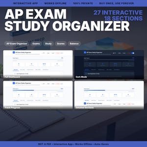 May include: An AP Exam Study Organizer digital tool featuring 27 interactive sections and 18 categories. The interface displays a dashboard with study progress, exam registration slots, and options for light and dark modes to track academic goals.