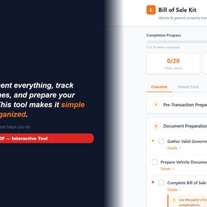 May include: A digital interface for a Bill of Sale Kit, featuring a checklist, vehicle form, and general property transaction forms. The interface includes progress indicators and text that reads, "Document everything, track deadlines, and prepare your case."