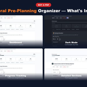 May include: Digital Funeral Pre-Planning Organizer with dashboard, progress tracking, and detailed sections. Includes a dark mode option for comfortable use. The text "NOT A PDF" is visible at the top.