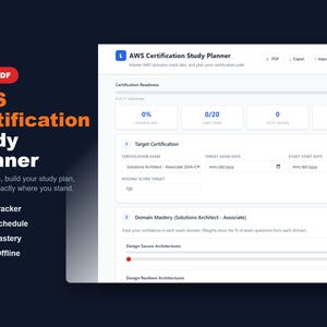 May include: A digital study planner for AWS certification, with a white interface showing progress trackers, exam details, and study schedules. The orange text reads "AWS Certification Study Planner".