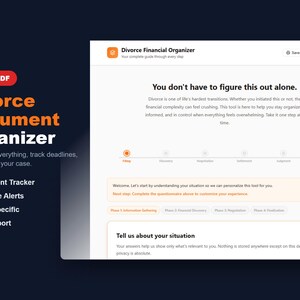 May include: A digital document organizer for divorce proceedings. The interface includes a document tracker, deadline alerts, and state-specific information. The text reads "Divorce Document Organizer" and "Not a PDF."