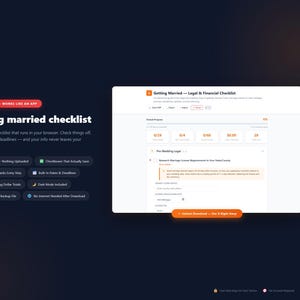 May include: A digital interface for a "getting married checklist" app. The screen displays a checklist with progress bars, deadlines, and financial tracking. The app is private, saves data, and works without internet.