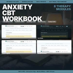 Könnte beinhalten: Digitale Benutzeroberfläche des Anxiety CBT Workbook mit 8 Therapiemodulen, darunter Thought Records, Exposure Ladder, Breathing Timer, Mood Tracker und Coping Cards. Die Ansicht zeigt ein vollständiges Dashboard, Dark Mode, Fortschritt und Details.