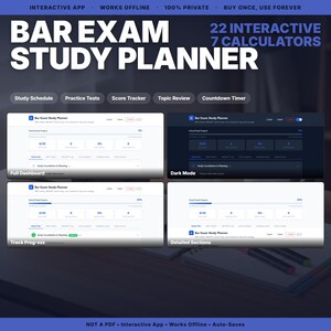 Op de afbeelding: Een digitale Bar Exam Study Planner met 22 interactieve tools en 7 rekenmachines. De interface toont een volledig dashboard, donkere modus, voortgangsregistratie en gedetailleerde secties met tekstlabels zoals Study Schedule en Countdown Timer.