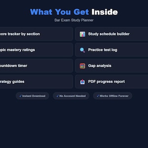 May include: A dark blue graphic with white text that reads "What You Get Inside" and "Bar Exam Study Planner." The image lists features like score tracking, study schedules, and practice test logs. It also notes instant download, no account needed, and offline functionality.