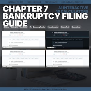 Peut inclure: Une application numérique de guide de dépôt de bilan chapitre 7 comprenant 31 outils interactifs et 16 calculateurs. L'interface affiche un tableau de bord avec des résultats de pré-sélection, questionnaires, tests de ressources et exemptions.