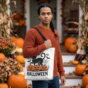 Borsa tote di Halloween con gatto nero e zucche intagliate / Design spettrale con zucca
