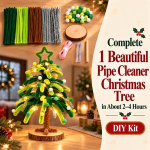 May include: A DIY kit for a pipe cleaner Christmas tree, including green, brown, and silver pipe cleaners, pom-poms, a wooden base, ribbon, and glue sticks. The text reads: Complete 1 Beautiful Pipe Cleaner Christmas Tree in About 2-4 Hours DIY Kit.