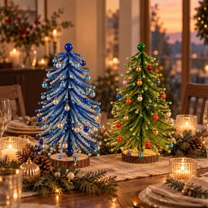 Op de afbeelding: Twee decoratieve tafelbomen gemaakt van kralen. De ene boom heeft blauwe en doorzichtige kralen met blauwe en witte bolvormige ornamenten. De andere boom heeft groene kralen met veelkleurige bolvormige ornamenten. Beide staan op houten voetjes.