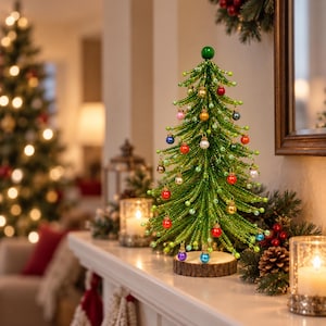 May include: A decorative tabletop Christmas tree crafted from green glass beads, featuring a conical shape and a natural wood slice base. The tree is adorned with small, multi-colored spherical ornaments in red, blue, gold, and white.