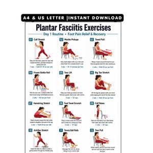 May include: A white informational poster titled Plantar Fasciitis Exercises featuring twelve numbered illustrations of a person in red clothing performing various physical therapy movements for foot pain relief, including calf stretches and towel pulls.