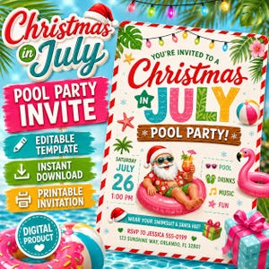 Christmas in July Pool Party Invitation, Editable Canva Template, Summer Christmas Pool Party Invite, Tropical Santa Beach Party Printable