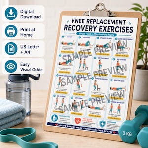 Puede incluir: Un portapapeles que muestra una tabla de ejercicios de recuperación tras una artroplastia de rodilla con doce movimientos de fisioterapia ilustrados, consejos de recuperación y un aviso legal. El documento tiene texto azul y negro sobre fondo blanco.