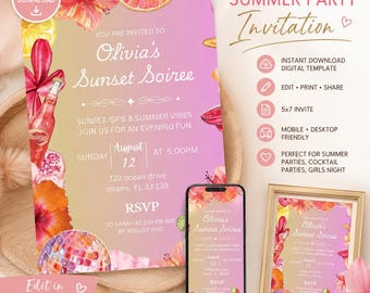 Sunset Soirée Summer Party Invitation, Editable Canva Summer Soiree Party Invite, Summer Cocktail Party Invite, Printable Instant Download