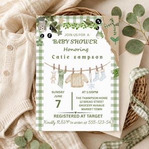 Rustikale Einladungsvorlage für eine Babyparty mit Vichy-Karo | Bearbeitbare Canva-Datei | Salbeigrün | Druckbar | Digitaler Download | Sofort verfügbar