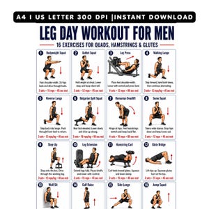 Allenamento per le gambe per uomini stampabile / Tabella di 16 esercizi per le gambe in PDF / Poster per quadricipiti, bicipiti femorali e glutei / Decorazione murale per la palestra di casa / Esercizi di spinta e trazione per le gambe