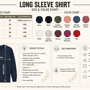 Puede incluir: Una tabla de tallas y colores para camisetas de manga larga que incluye una ilustraci&oacute;n de una camiseta azul marino, una tabla de tallas con medidas en pulgadas, una paleta de quince colores, detalles del producto e instrucciones de cuidado.