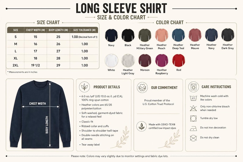 Puede incluir: Una tabla de tallas y colores para camisetas de manga larga que incluye una ilustraci&oacute;n de una camiseta azul marino, una tabla de tallas con medidas en pulgadas, una paleta de quince colores, detalles del producto e instrucciones de cuidado.