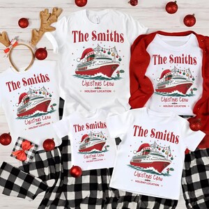 Personalized Christmas Cruise family shirts featuring a custom family name, Christmas Crew text, and festive cruise ship with Santa hat, ornaments and holly on white, ivory, red and green shirts.