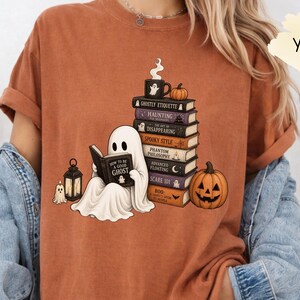 Book Lover Ghost Shirt, Cozy Reading Tee, Spooky Bookworm Gift, Ghost Reader Shirt, Bibliophile Fall Tee, Literary Graphic, Comfort Colors®