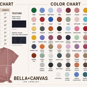 Puede incluir: Una tabla de tallas y una carta de colores para camisetas Bella+Canvas. La tabla de tallas enumera anchos y largos desde XS hasta 5XL en pulgadas. La carta de colores muestra numerosos c&iacute;rculos de colores con etiquetas y texturas.