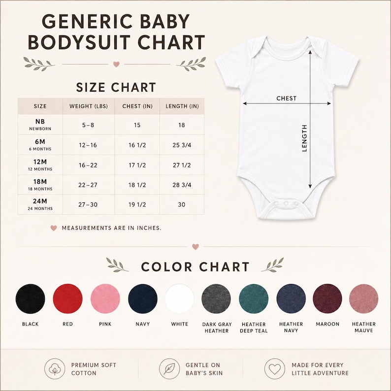 Puede incluir: Una tabla de tallas y colores para bodies de beb&eacute;. La tabla enumera el peso en libras y el pecho y la longitud en pulgadas para las tallas de NB a 24M. Una ilustraci&oacute;n de un body blanco muestra puntos de medici&oacute;n. Diez c&iacute;rculos de color.