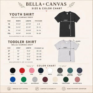 Puede incluir: Una tabla de tallas y colores Bella+Canvas para camisetas juveniles e infantiles. Incluye tablas de medidas en pulgadas para los modelos 3001Y y 3001T, diagramas de medidas de pecho, largo y manga, y una cuadr&iacute;cula de veinte colores.