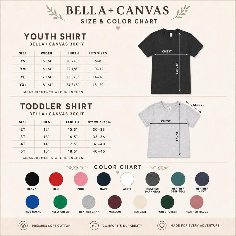Puede incluir: Una tabla de tallas y colores Bella+Canvas para camisetas juveniles e infantiles. Incluye tablas de medidas en pulgadas para los modelos 3001Y y 3001T, diagramas de medidas de pecho, largo y manga, y una cuadr&iacute;cula de veinte colores.