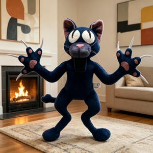 May include: A plush black cat toy with large white eyes, pink nose and ears, and long white claws. The cat is standing with its arms raised. The toy has a whimsical, cartoonish design.