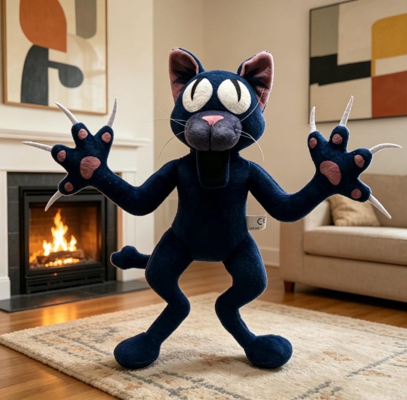 May include: A plush black cat toy with large white eyes, pink nose and ears, and long white claws. The cat is standing with its arms raised. The toy has a whimsical, cartoonish design.