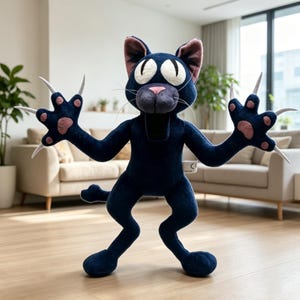 May include: A plush black cat toy with large white eyes, pink nose, and pink-lined ears. The cat has outstretched arms with sharp, white claws and pink paw pads. The toy is standing on a wooden floor.