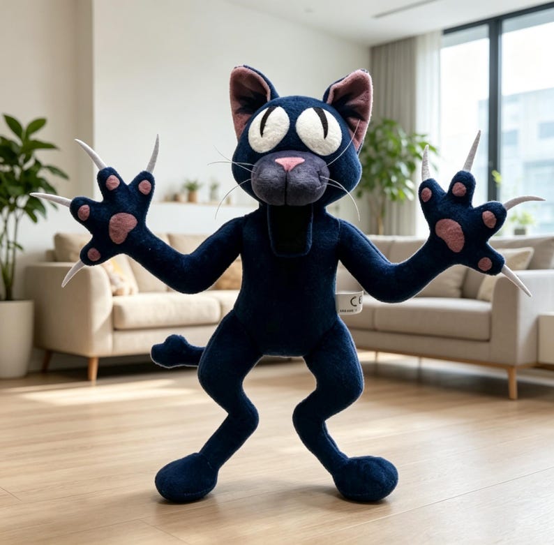 May include: A plush black cat toy with large white eyes, pink nose, and pink-lined ears. The cat has outstretched arms with sharp, white claws and pink paw pads. The toy is standing on a wooden floor.