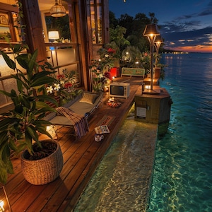 May include: A wooden deck extends over the water at dusk, with a lounge chair, plants, and a vintage TV. The deck is lit by lamps and the water reflects the sunset. A sign reads "Sunset Spot".