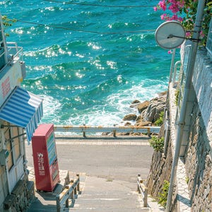 May include: A steep concrete staircase leads down towards a bright blue ocean with sparkling waves. A red vending machine with Japanese text stands on the left next to a blue and white striped awning. Pink bougainvillea flowers hang on the right.