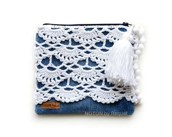 White Denim Crochet Boho Clutch Bag