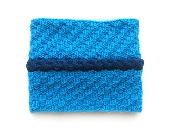 Blue Lined Chunky Knit Cowl | Handknit Circle Scarf for Her