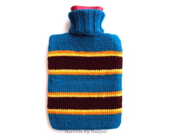 Blue Knitted Hot Water Bottle Cover with Brown Stripes