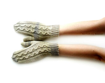 Beige Knitted Mittens | Handknit Natural Short Gloves for Woman